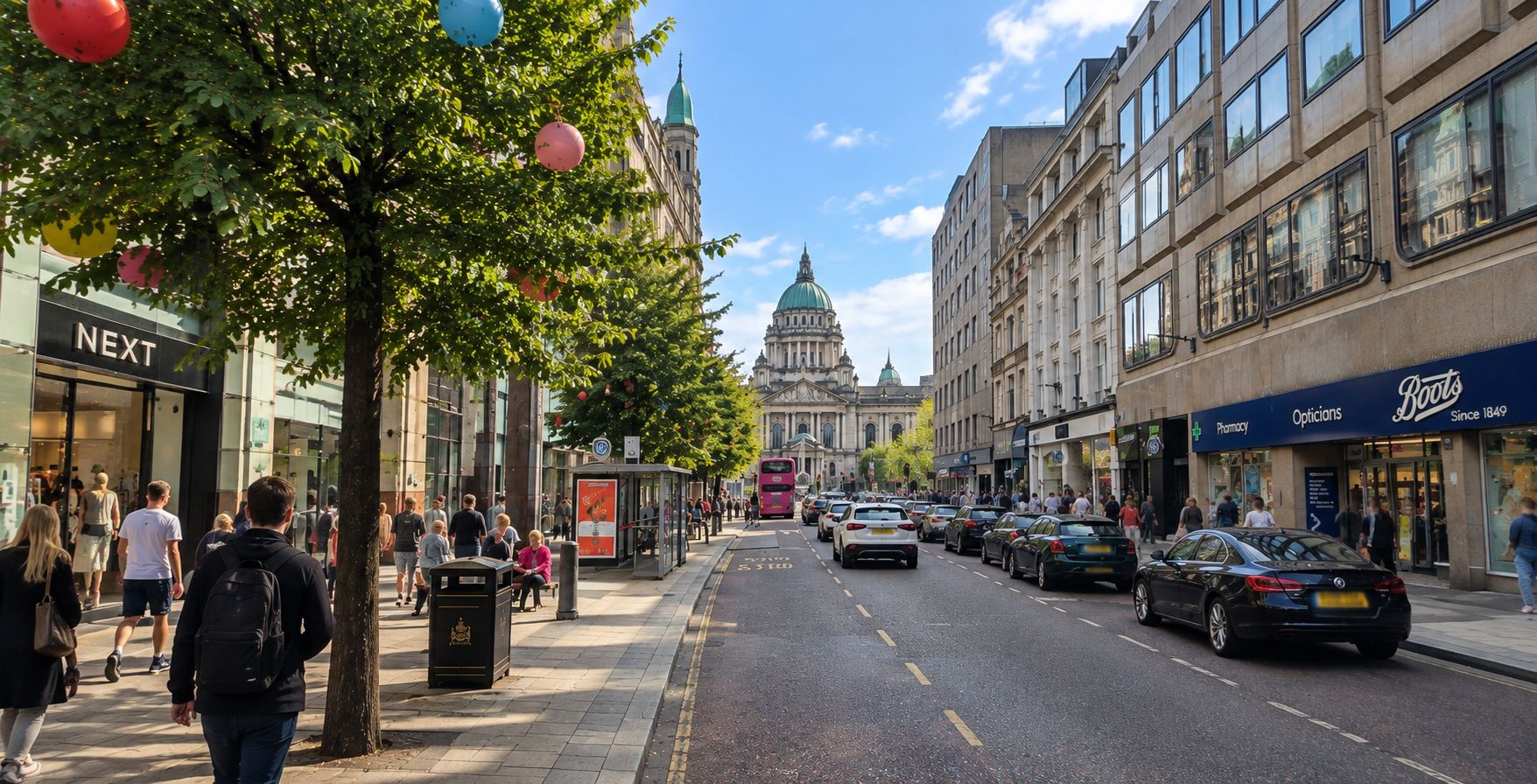 A busy Belfast street leading to City Hall on a bright day